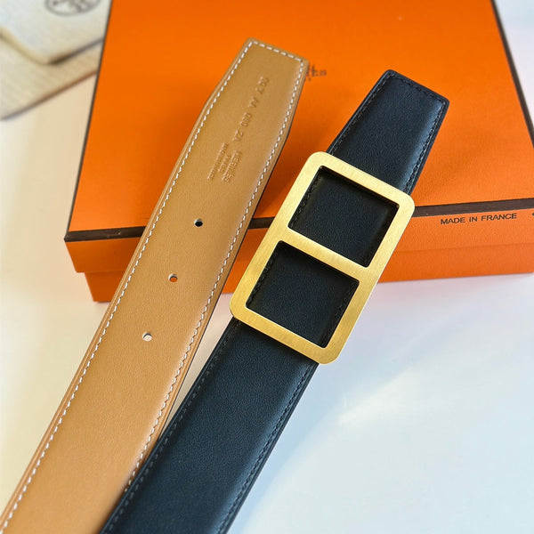 HM BELT BUCKLE & REVERSIBLE ORANGE PASTEL AND BLACK LEATHER STRAP 38MM GOLD HARDWARE