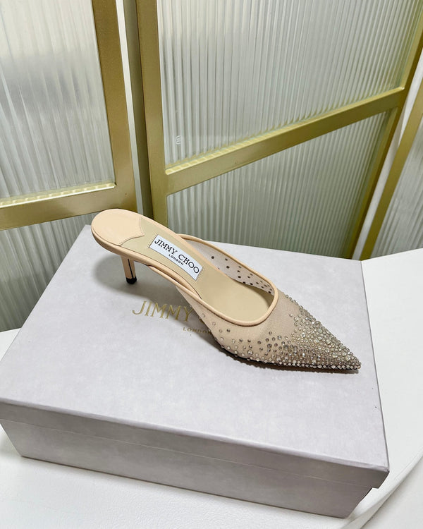 Jimmy Mule 65mm In Beige Mesh Fabric With Swarovski Crystal 597880