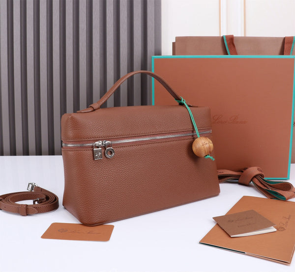 EXTRA BAG L27 IN UMBER BROWN GRAINED CALFSKIN WITH SILVER HARDWARE