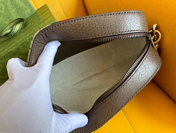 GG OPHIDIA SMALL 24 IN TELA BEIGE E PELLE DI VITELLO MARRONE