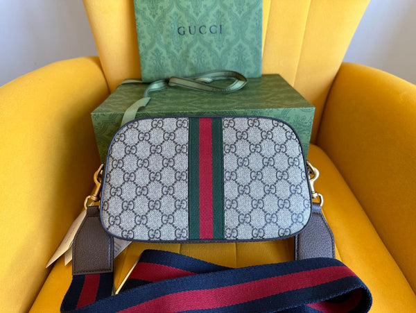 GG OPHIDIA SMALL 24 IN TELA BEIGE E PELLE DI VITELLO MARRONE