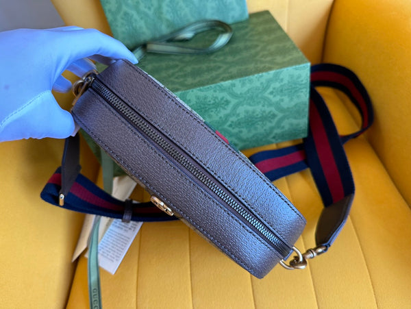 GG OPHIDIA SMALL 24 IN TELA BEIGE E PELLE DI VITELLO MARRONE