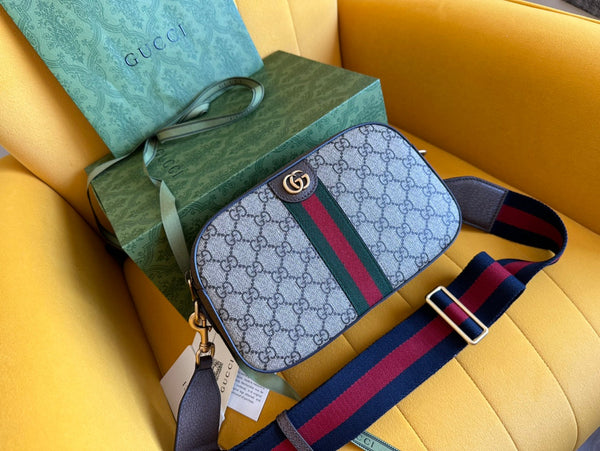 GG OPHIDIA SMALL 24 IN TELA BEIGE E PELLE DI VITELLO MARRONE