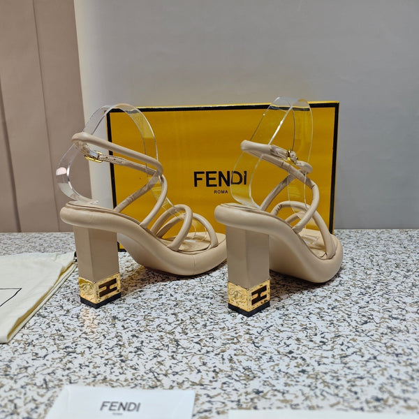 FENDI CHUNKY HIGH-HEELED SANDAL IN BEIGE BISQUE CALFKIN WITH GOLD HARDWARE