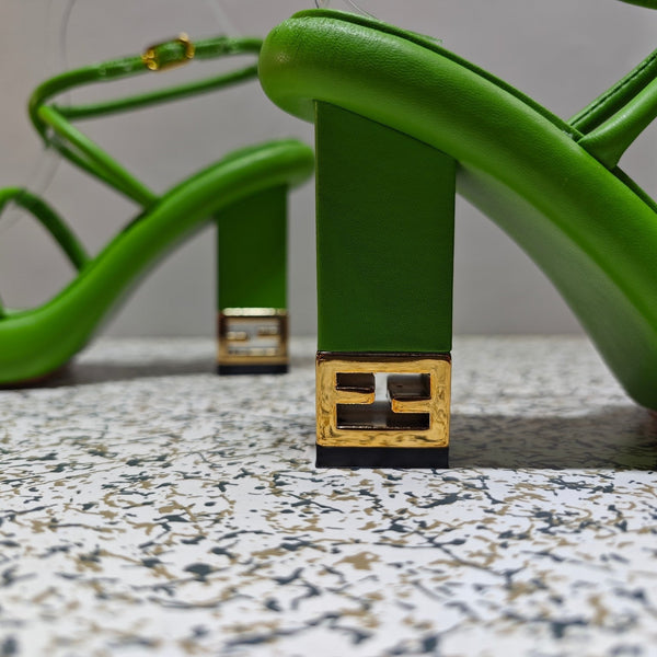 FENDI CHUNKY HIGH-HEELED SANDAL IN SHAMROCK GREEN CALFKIN WITH GOLD HARDWARE