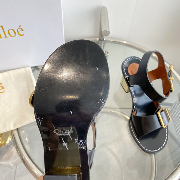 CHLOÉ REBECCA LOW HEELED SANDAL IN BLACK LAMBSKIN GOLD HARDWARE