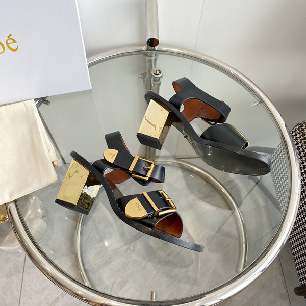 CHLOÉ REBECCA LOW HEELED SANDAL IN BLACK LAMBSKIN GOLD HARDWARE