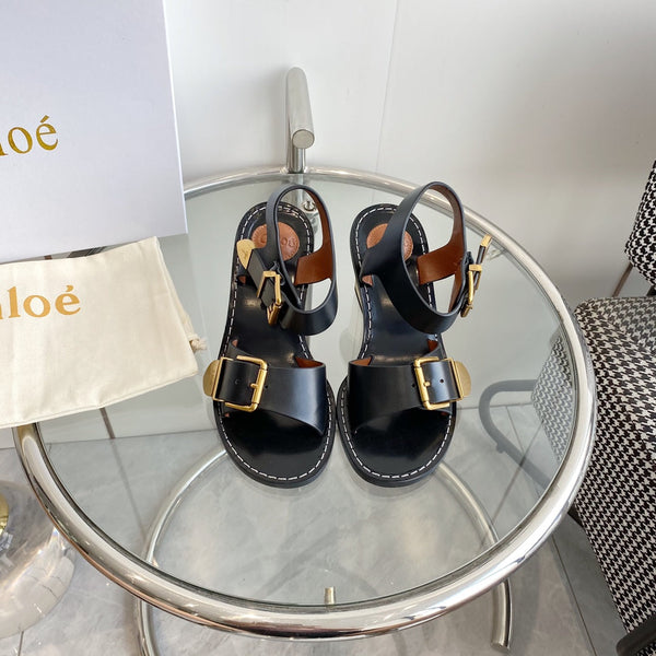 CHLOÉ REBECCA LOW HEELED SANDAL IN BLACK LAMBSKIN GOLD HARDWARE