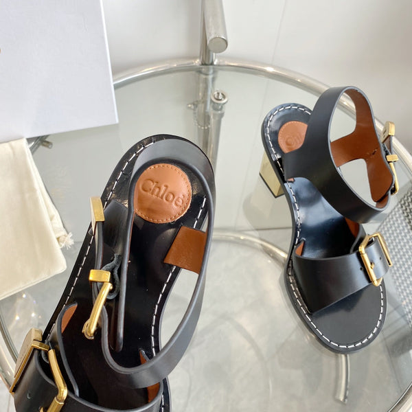 CHLOÉ REBECCA LOW HEELED SANDAL IN BLACK LAMBSKIN GOLD HARDWARE