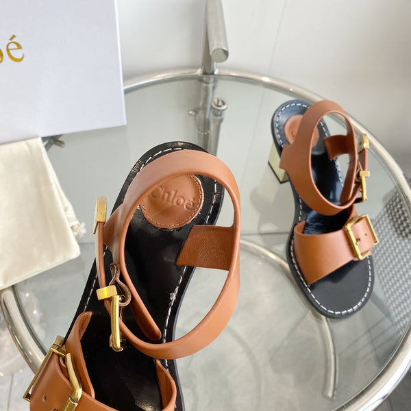 CHLOÉ REBECCA LOW HEELED SANDAL IN CINNAMON BROWN LAMBSKIN GOLD HARDWARE