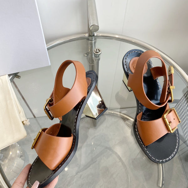 CHLOÉ REBECCA LOW HEELED SANDAL IN CINNAMON BROWN LAMBSKIN GOLD HARDWARE