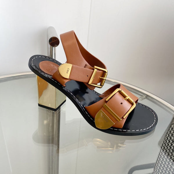 CHLOÉ REBECCA LOW HEELED SANDAL IN CINNAMON BROWN LAMBSKIN GOLD HARDWARE