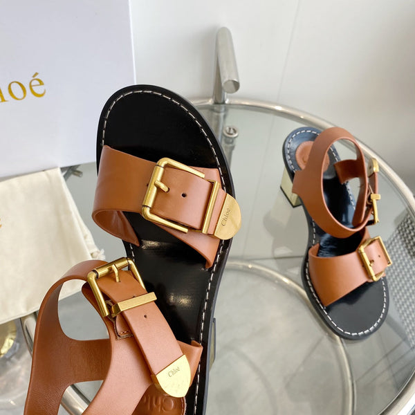 CHLOÉ REBECCA LOW HEELED SANDAL IN CINNAMON BROWN LAMBSKIN GOLD HARDWARE