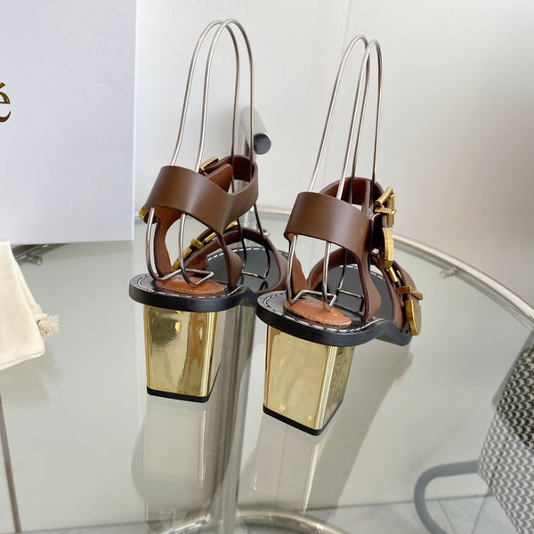 CHLOÉ REBECCA LOW HEELED SANDAL IN RUSSET BROWN LAMBSKIN GOLD HARDWARE