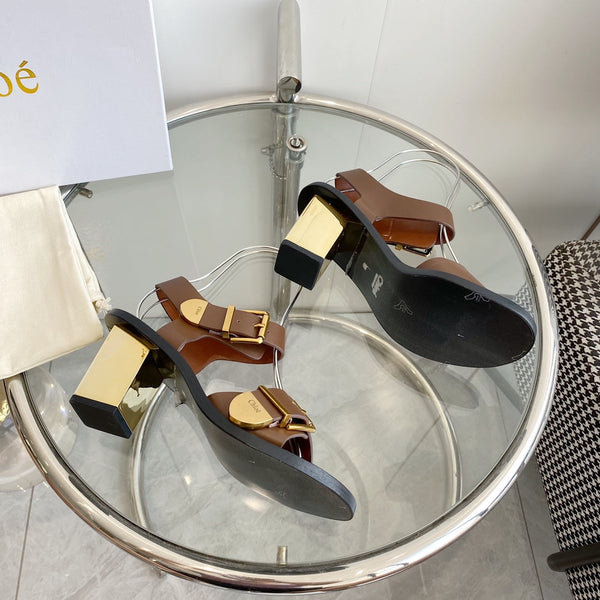 CHLOÉ REBECCA LOW HEELED SANDAL IN RUSSET BROWN LAMBSKIN GOLD HARDWARE