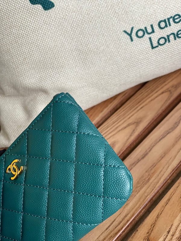 Portafoglio con cerniera cc 14 cm verde scuro caviale hardware oro