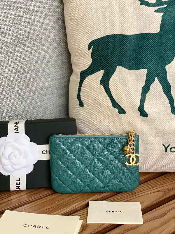 Portafoglio con cerniera cc 14 cm verde scuro caviale hardware oro