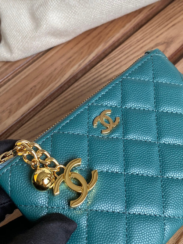 Portafoglio con cerniera cc 14 cm verde scuro caviale hardware oro