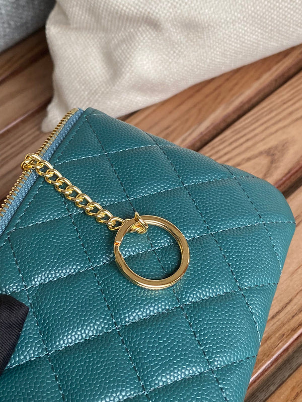 Portafoglio con cerniera cc 14 cm verde scuro caviale hardware oro