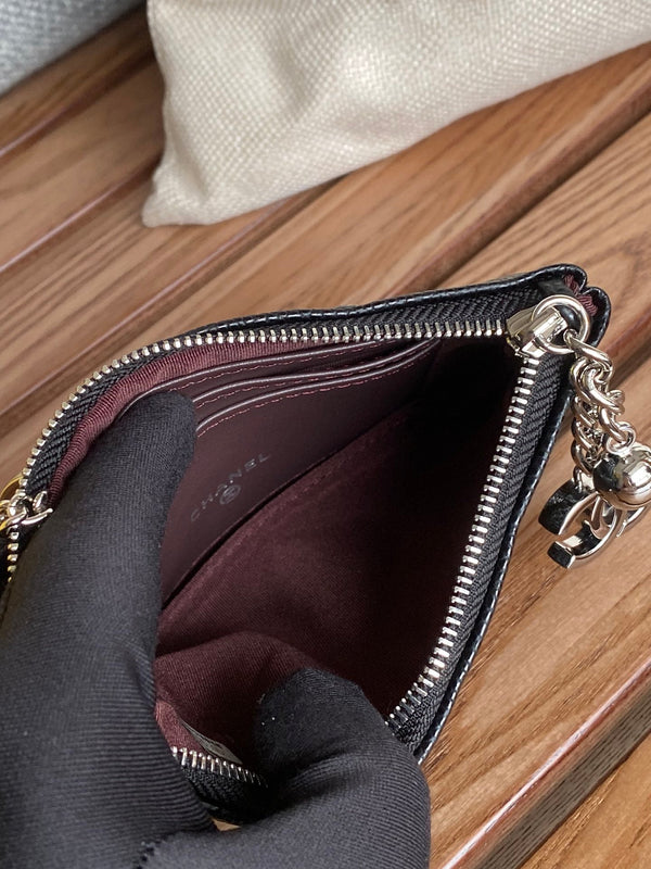 Portafoglio con cerniera cc 14 cm nero caviale hardware argento