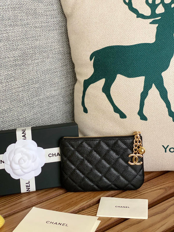 Portafoglio con cerniera cc 14 cm nero caviale hardware oro