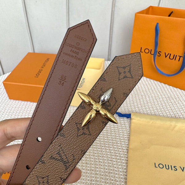 LV FLOWERGRAM 25 MM REVERSIBLE BELT IN BROWN MONOGRAM CALFSKIN GOLD MIX SILVER HARDWARE