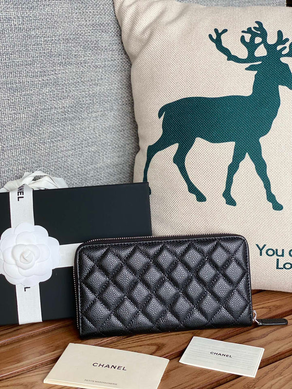 CC Zippy Long Wallet 19.5cm Black Caviar Sliver Steel 223947