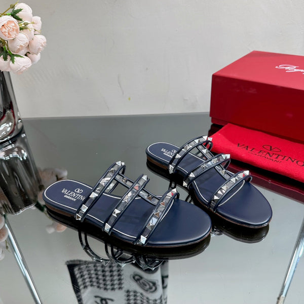 VT 25 Rockstud Flat Sandals Navy Blue PVC Sheepskin