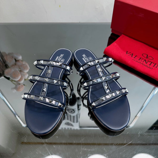VT 25 Rockstud Flat Sandals Navy Blue PVC Sheepskin