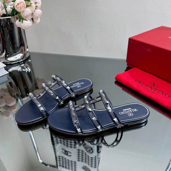 VT 25 Rockstud Flat Sandals Navy Blue PVC Sheepskin