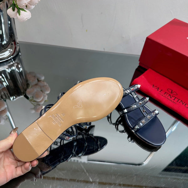 VT 25 Rockstud Flat Sandals Navy Blue PVC Sheepskin