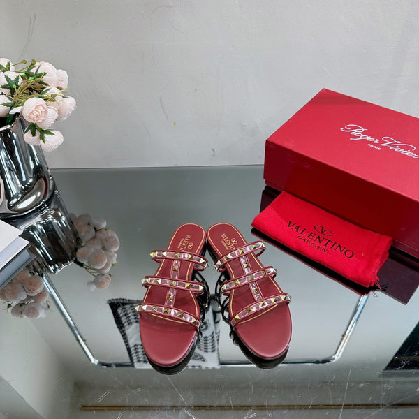 VT 25 Rockstud Flat Sandals Ruby Red PVC Sheepskin
