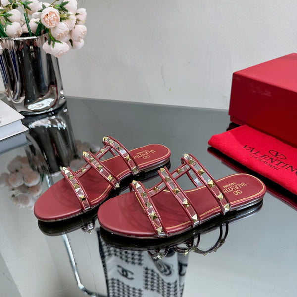 VT 25 Rockstud Flat Sandals Ruby Red PVC Sheepskin