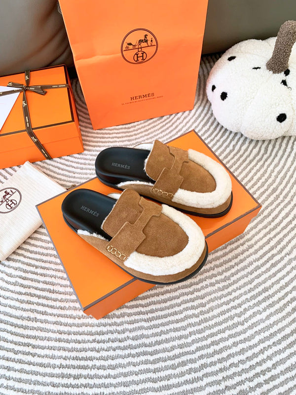 HM Go Mule Brown Mix White Suede Lined With Wool Fleece 963222