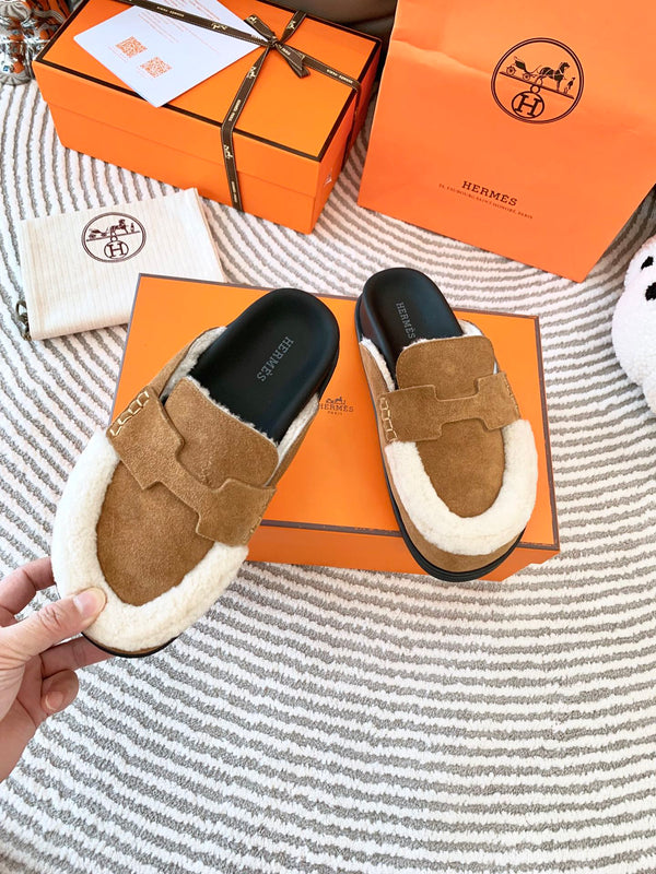 HM Go Mule Brown Mix White Suede Lined With Wool Fleece 963222