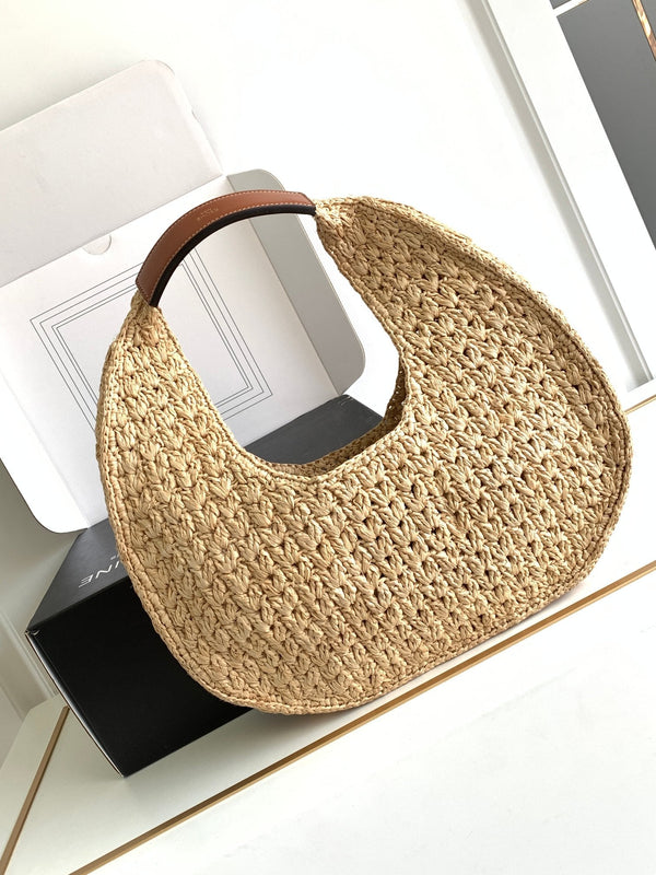 celin classic panier 33cm hobo bag raffia and brown calfskin