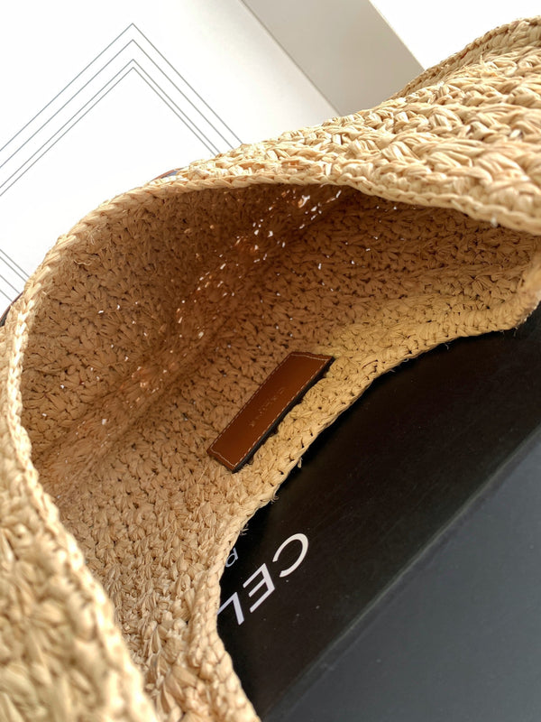 celin classic panier 33cm hobo bag raffia and brown calfskin