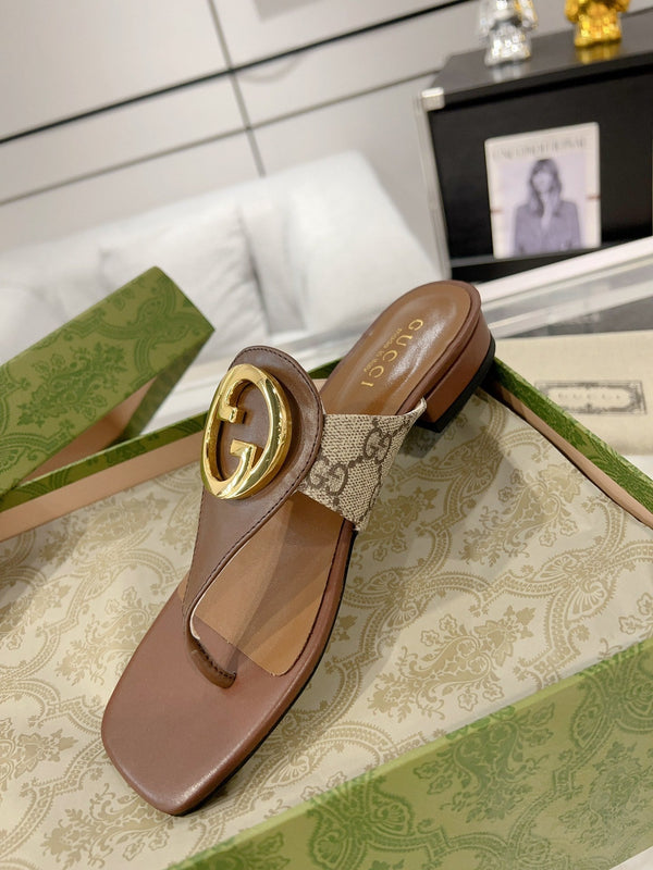 GC 2025 Double G Block Heel Thong Sandals brown Leather 292411