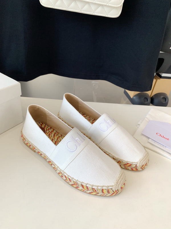 CHLOÉ LOAFER SHOES IN WHITE DENIM AND WOVEN RAFFIA