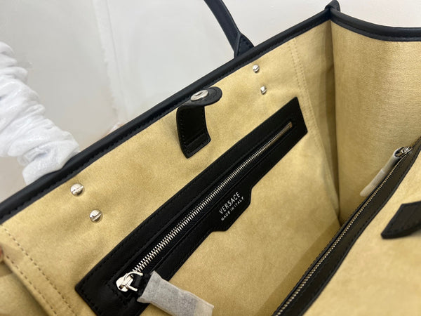 Versace Beige Raffia Tote Bag 40 With Black Cowhide Handle 175562