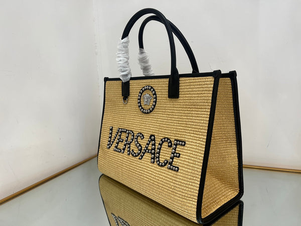 Versace Beige Raffia Tote Bag 40 With Black Cowhide Handle 175562