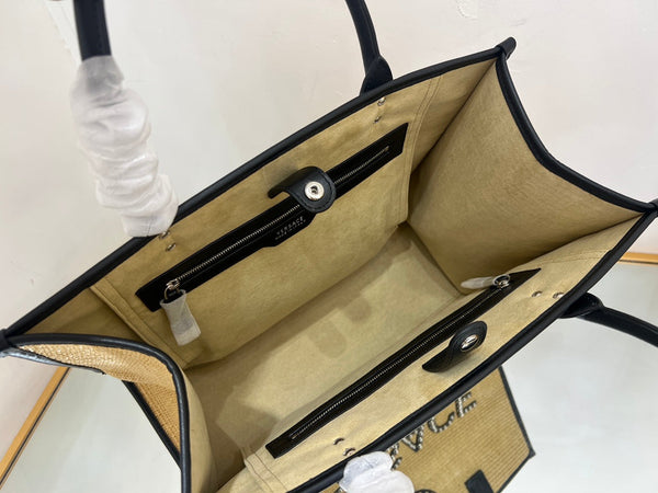 Versace Beige Raffia Tote Bag 40 With Black Cowhide Handle 175562