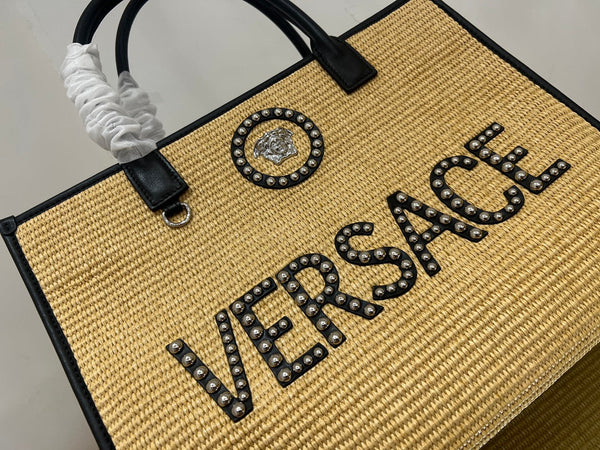 Versace Beige Raffia Tote Bag 40 With Black Cowhide Handle 175562