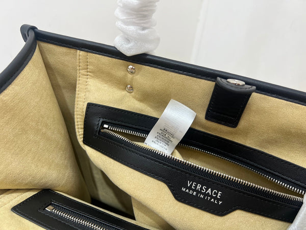 Versace Beige Raffia Tote Bag 40 With Black Cowhide Handle 175562