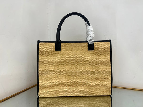 Versace Beige Raffia Tote Bag 40 With Black Cowhide Handle 175562
