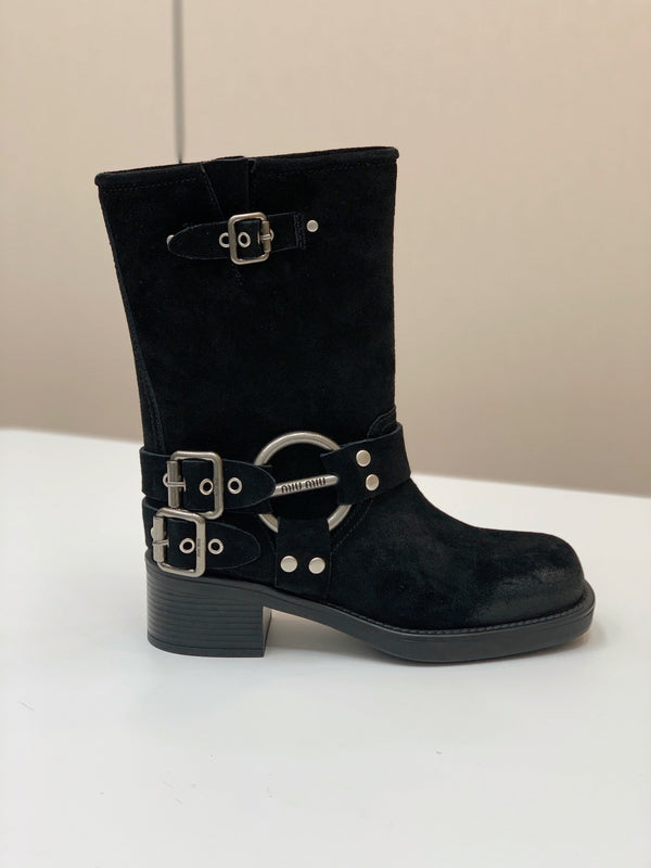 Miu Miu Biker Mid-Length Boots Black Suede 535196