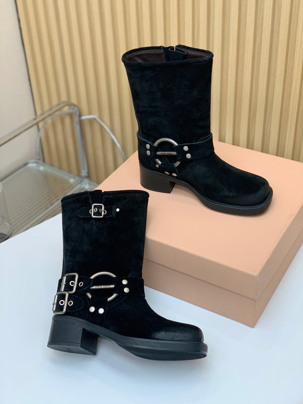 Miu Miu Biker Mid-Length Boots Black Suede 535196