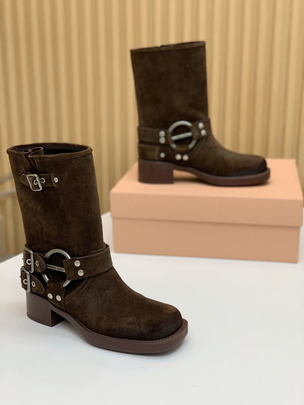 Miu Miu Biker Mid-Length Boots Brown Suede 535197