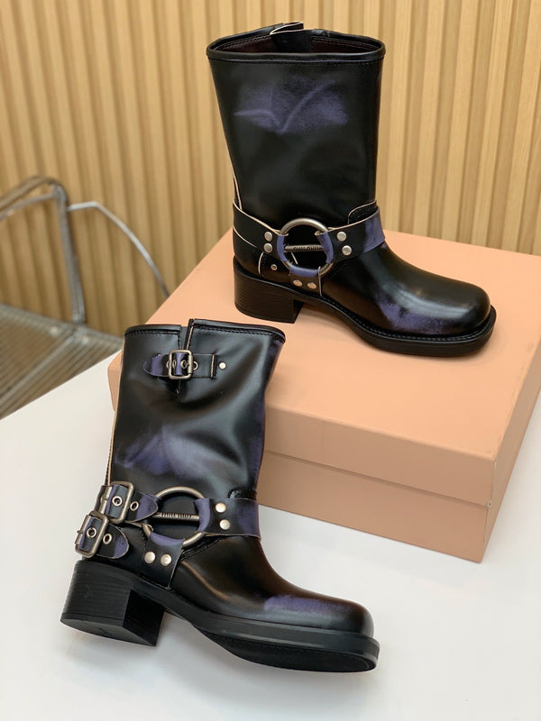 Miu Miu Biker Mid-Length Boots Black Leather 535199