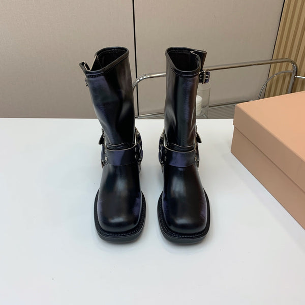 Miu Miu Biker Mid-Length Boots Black Leather 535199